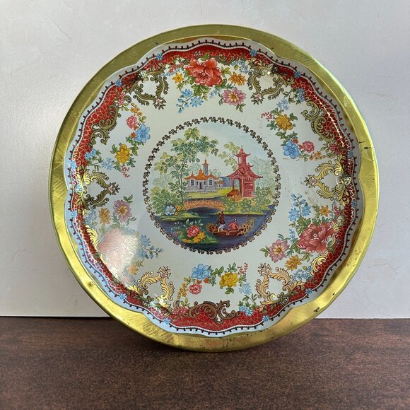 Vintage Daher Decorated Ware Tin Tray 16.25" Round Floral & Asian Scene England - Picture 16 of 16